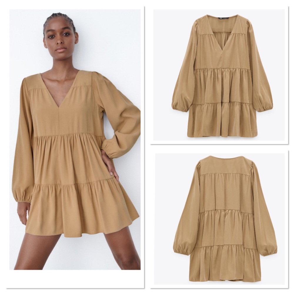NWT Zara V-Neck Long Sleeves Tiered Mini Dress Sz:L